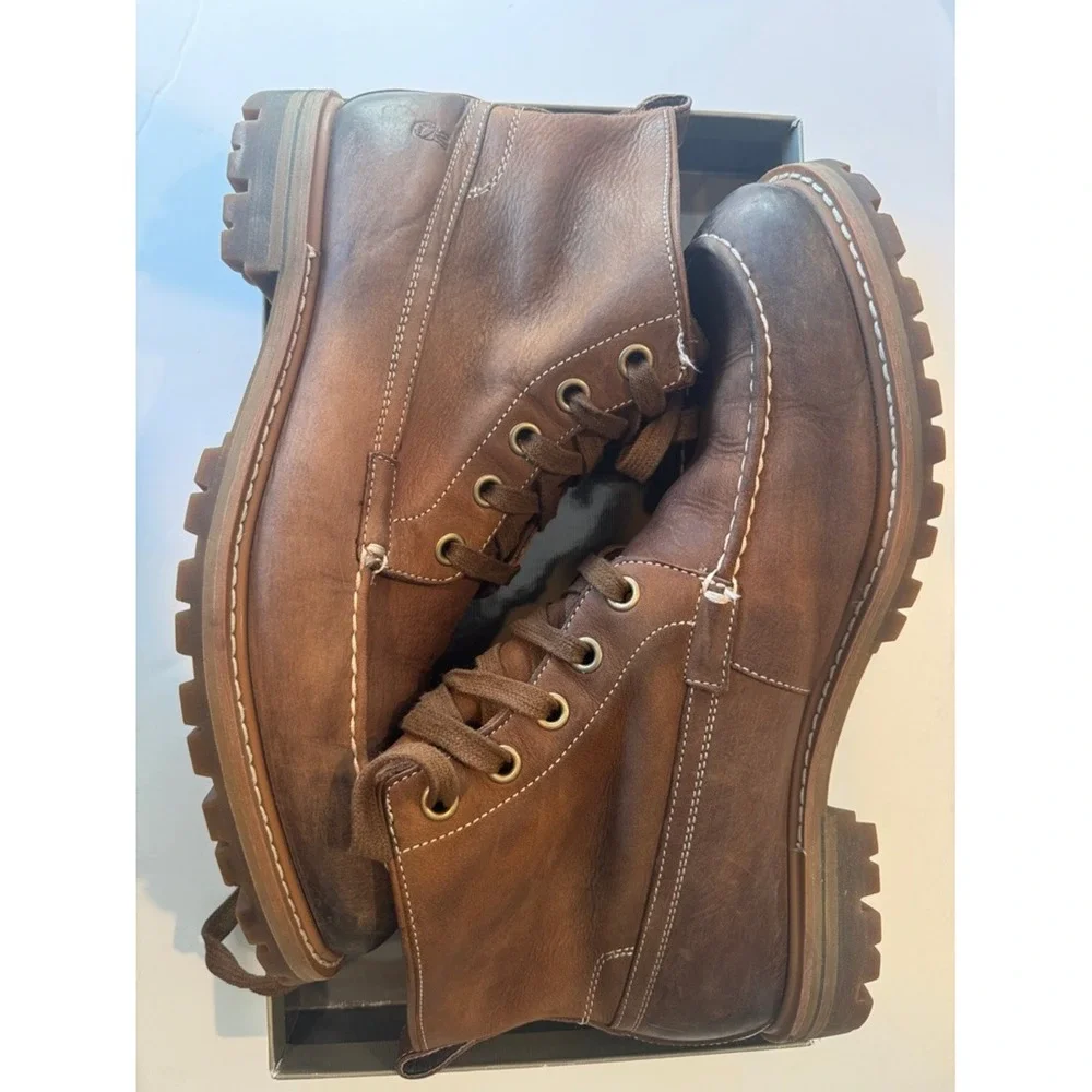 John‎ Varvatos Boots Mens Brown Leather Moc Toe Lug Sole Distressed Lace Up